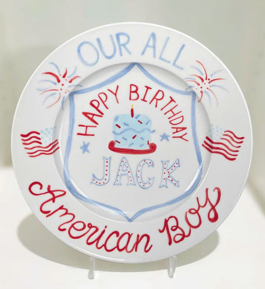 Patriotic Birthday Plate for Boys – Custom Name Keepsake – USA Themed Hand Painted Ceramic Gift with Flags, Cake & Fireworks | P005