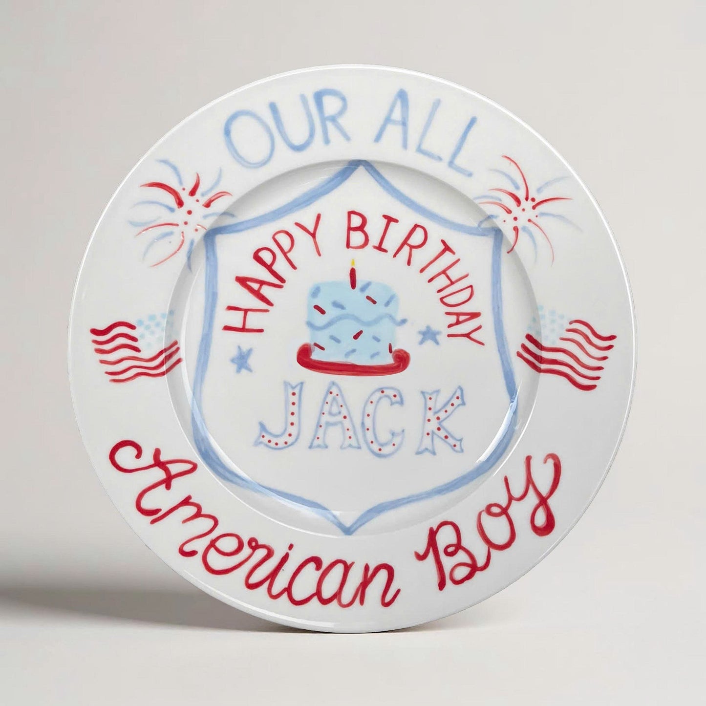 Patriotic Birthday Plate for Boys – Custom Name Keepsake – USA Themed Hand Painted Ceramic Gift with Flags, Cake & Fireworks | P005