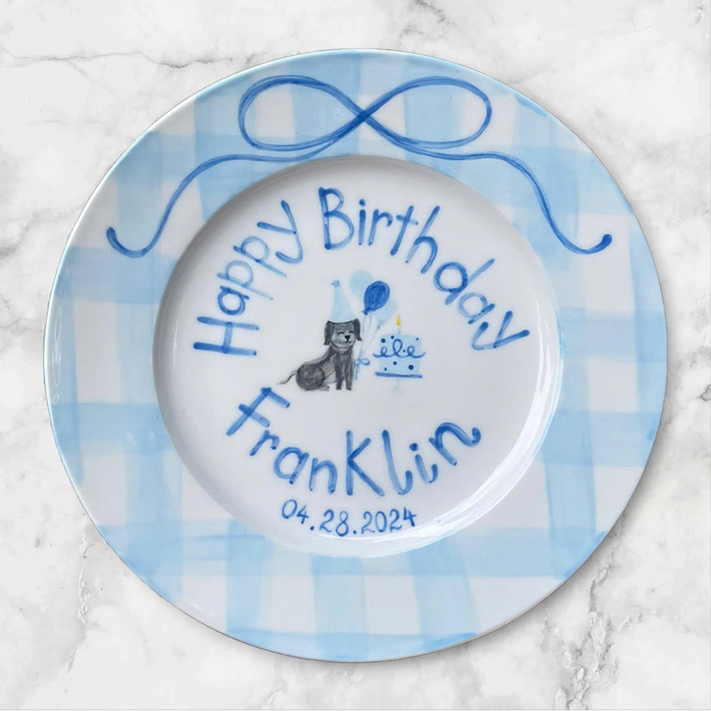 Personalized Dog Birthday Plate – Custom Name, Date & Blue Balloon Cake Design – Hand Painted Ceramic Gift for Kids or Pet Lovers | P003