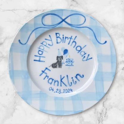 Personalized Dog Birthday Plate – Custom Name, Date & Blue Balloon Cake Design – Hand Painted Ceramic Gift for Kids or Pet Lovers | P003
